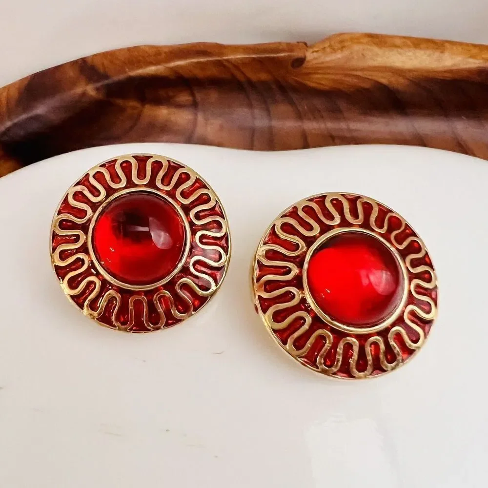 Vintage Galleria Gripoix Earrings Clip On Red Glass Enamel Gold Tone Round 4619